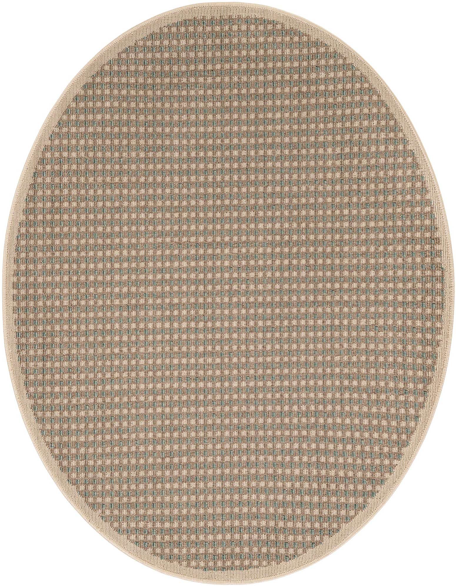 A round 4' brown and tan modern flatweave rug with a subtle grid pattern and light border.