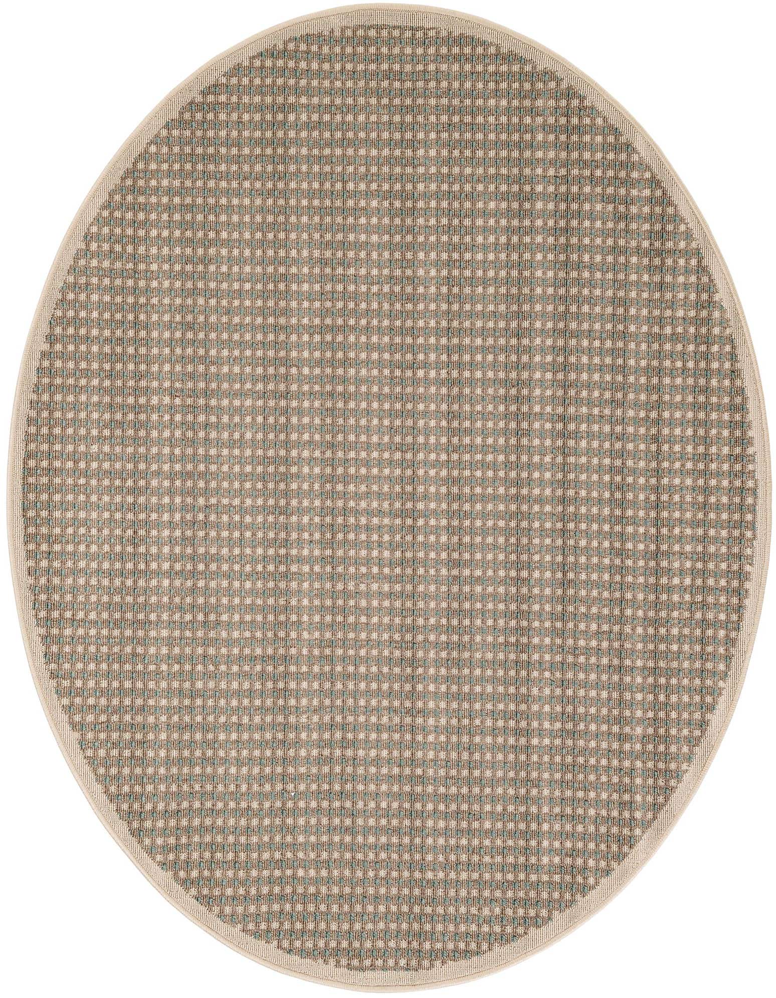 A 5' round brown and tan modern flatweave rug with a subtle grid pattern and light border, suitable for indoor or outdoor use.