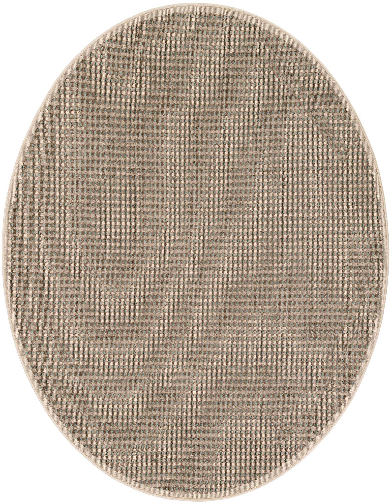 A 6' 0 round brown and tan modern flatweave rug with a subtle textured pattern and light border, suitable for indoor or outdoor use.