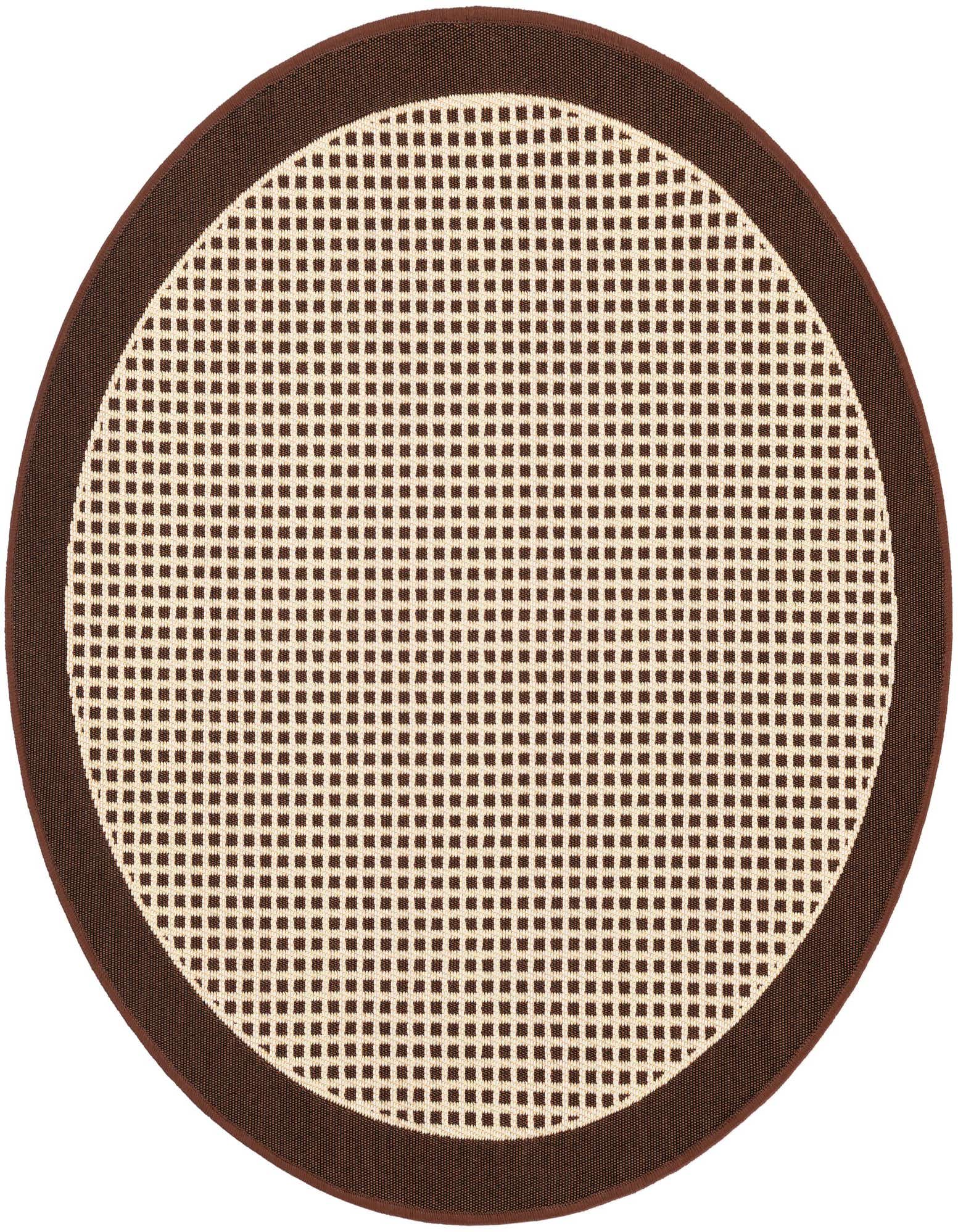 A round, flatweave Rugs.com Outdoor Border rug, 3' 0 x 3' 0, featuring a modern tan grid pattern with a solid brown border.