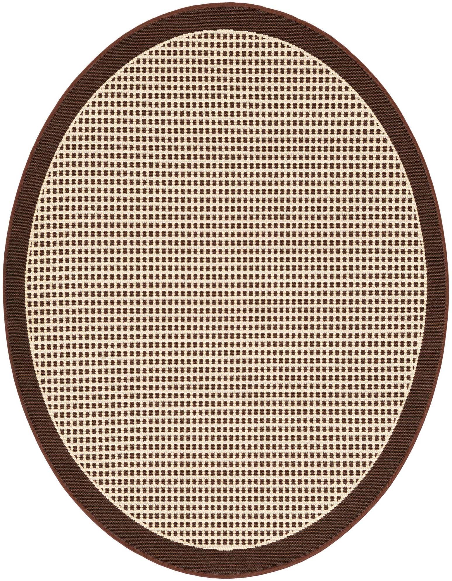 A 4' round brown and tan modern outdoor rug with a checkerboard pattern and solid brown border.