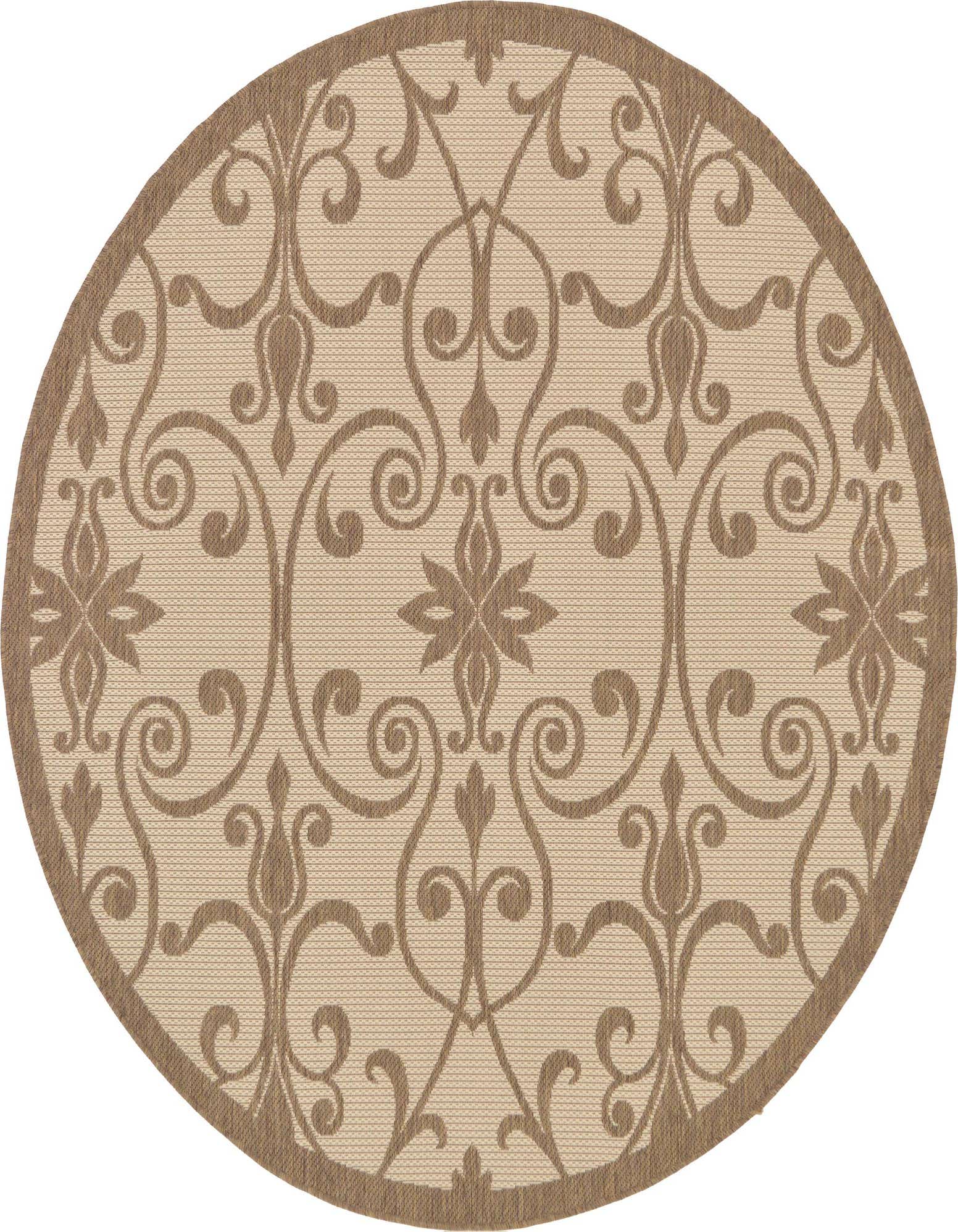 A 6' round brown and tan outdoor rug with a traditional botanical medallion pattern and a flatweave texture.