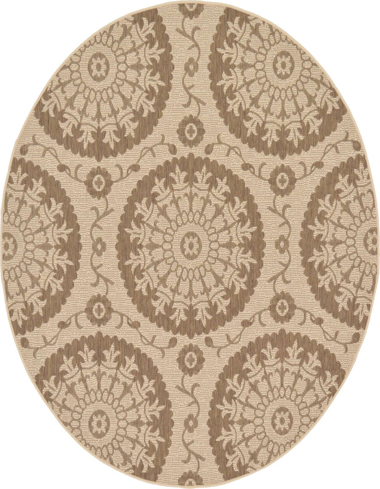 A round 6' 0 x 6' 0 brown and tan outdoor rug with a traditional botanical floral pattern, ideal for a patio.