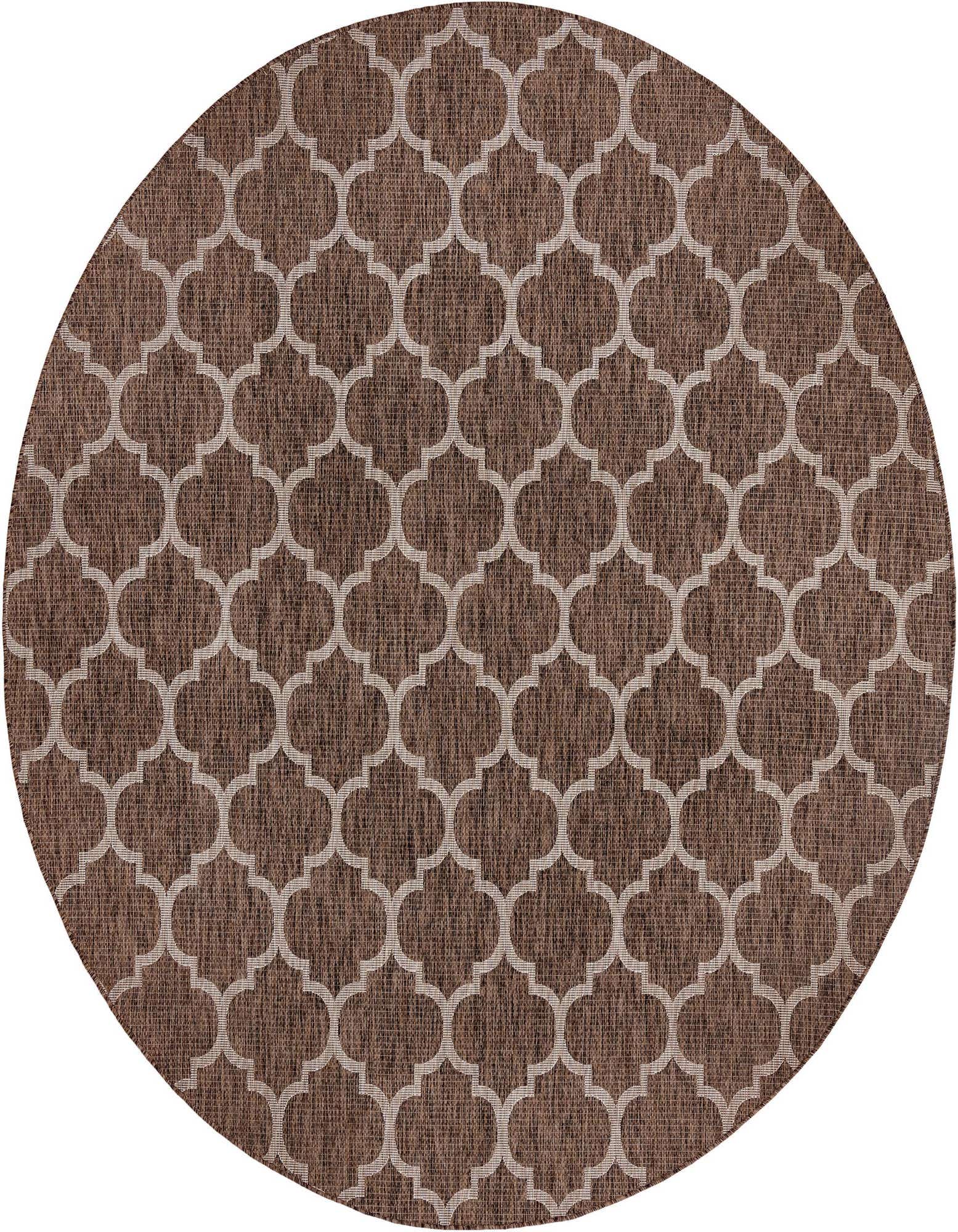 A 10' 8 round brown indoor/outdoor rug with a tan trellis pattern, suitable for a patio or living room.