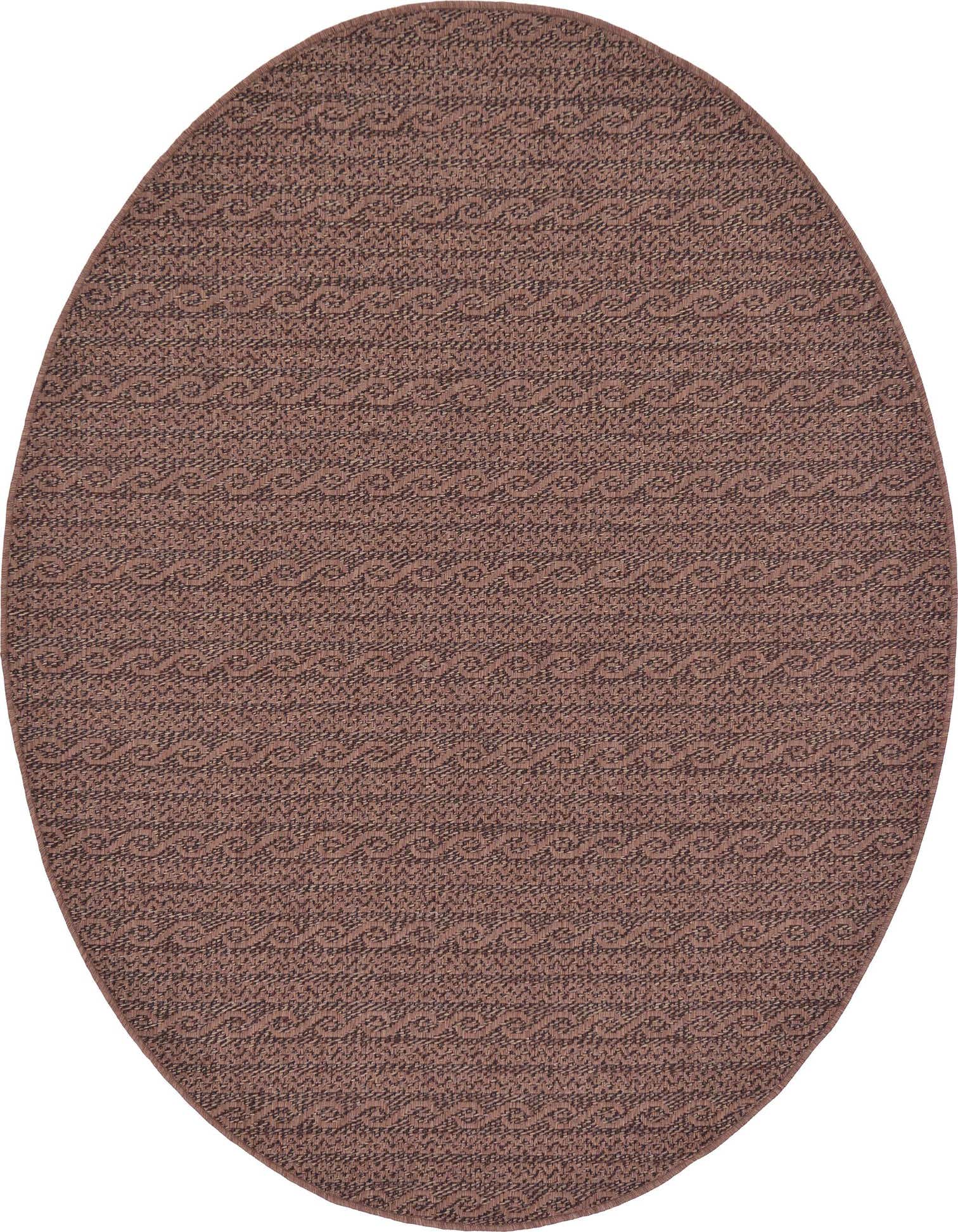 A 6' round brown and tan transitional flatweave rug, suitable for indoor or outdoor use on a patio.