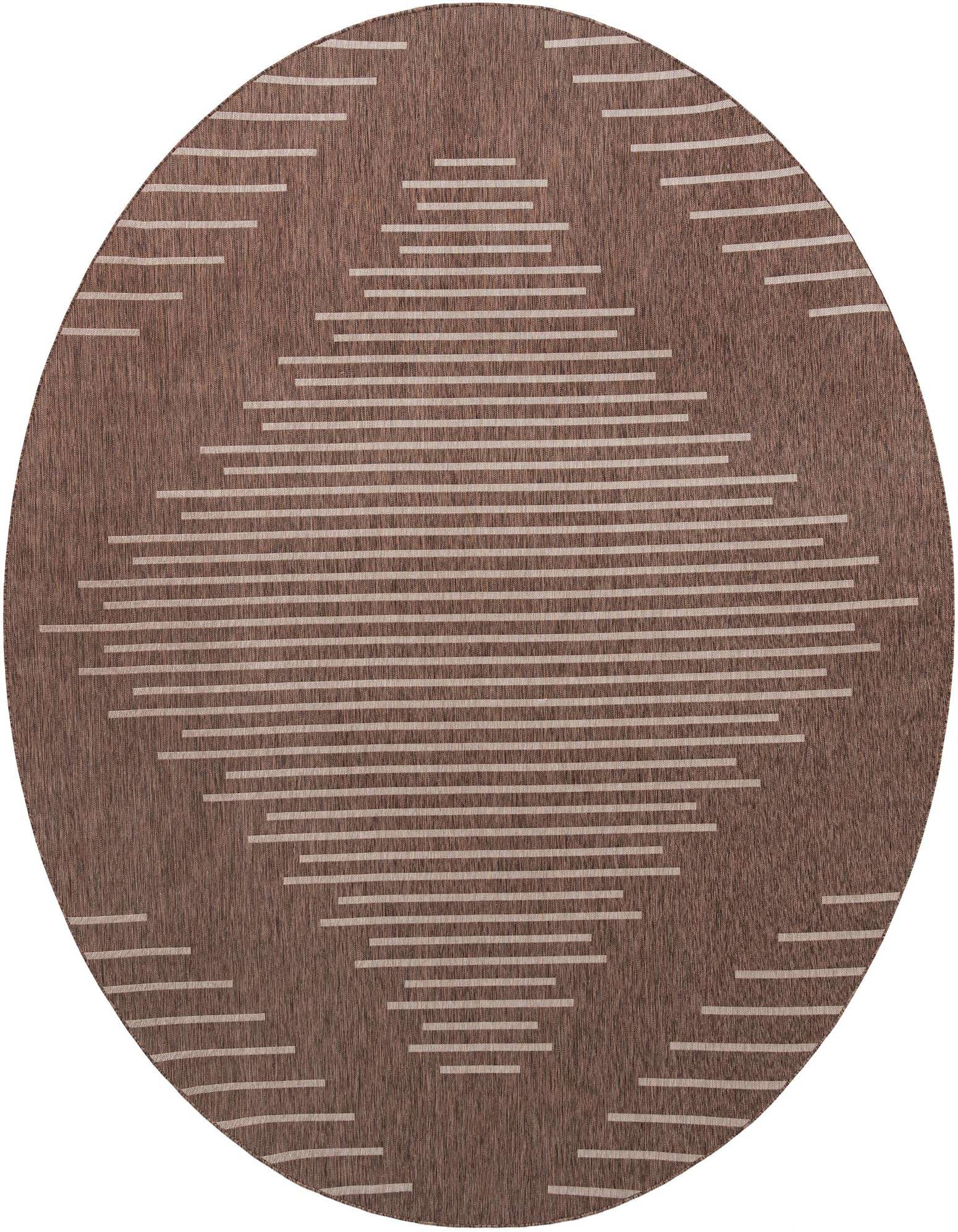 A 13-foot round brown outdoor rug with a modern Southwestern striped diamond pattern, perfect for a patio.