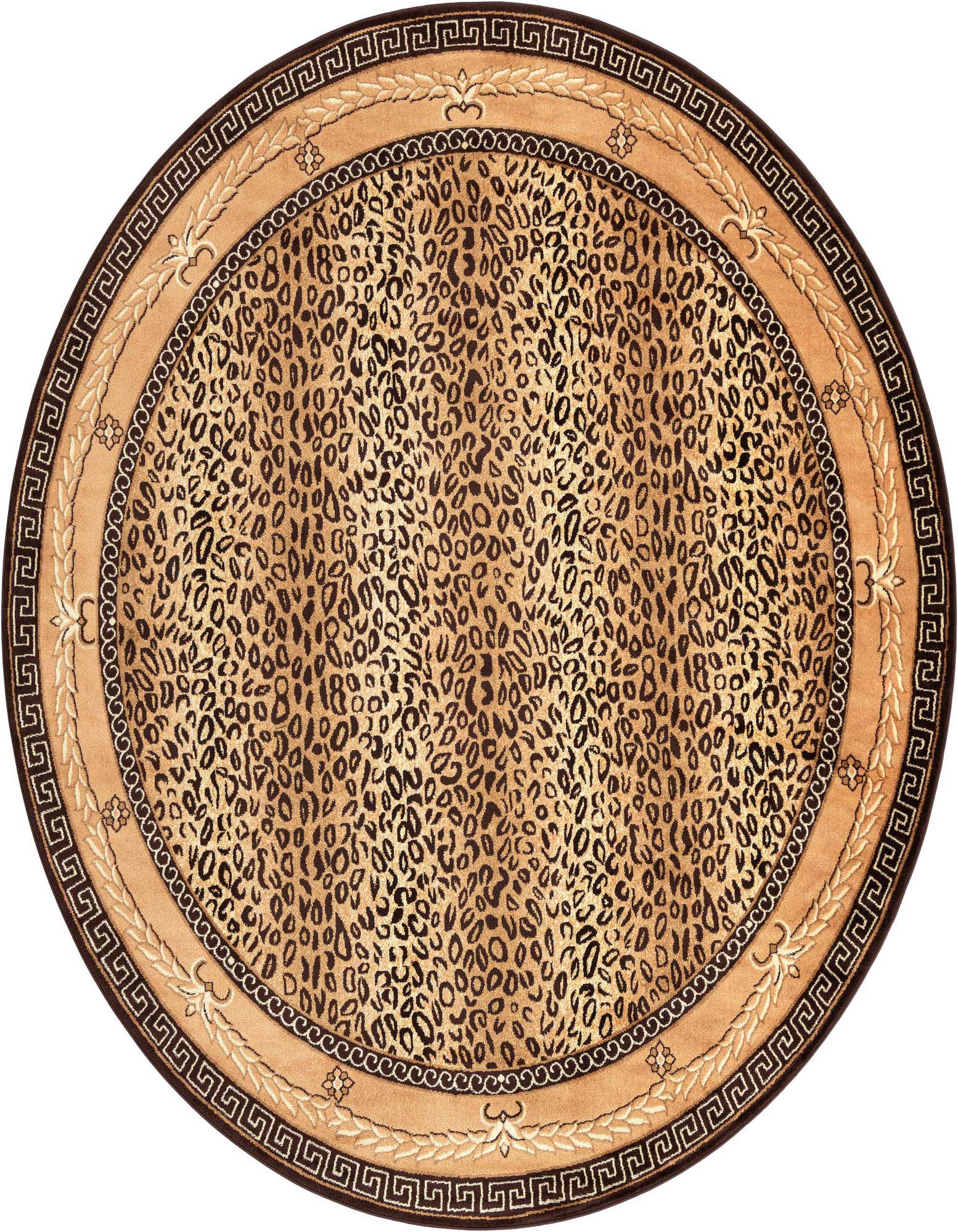 A round 10' 0 x 10' 0 Rugs.com Savannah rug featuring a leopard print center in browns and tans, surrounded by a tan border with a Greek key pattern.