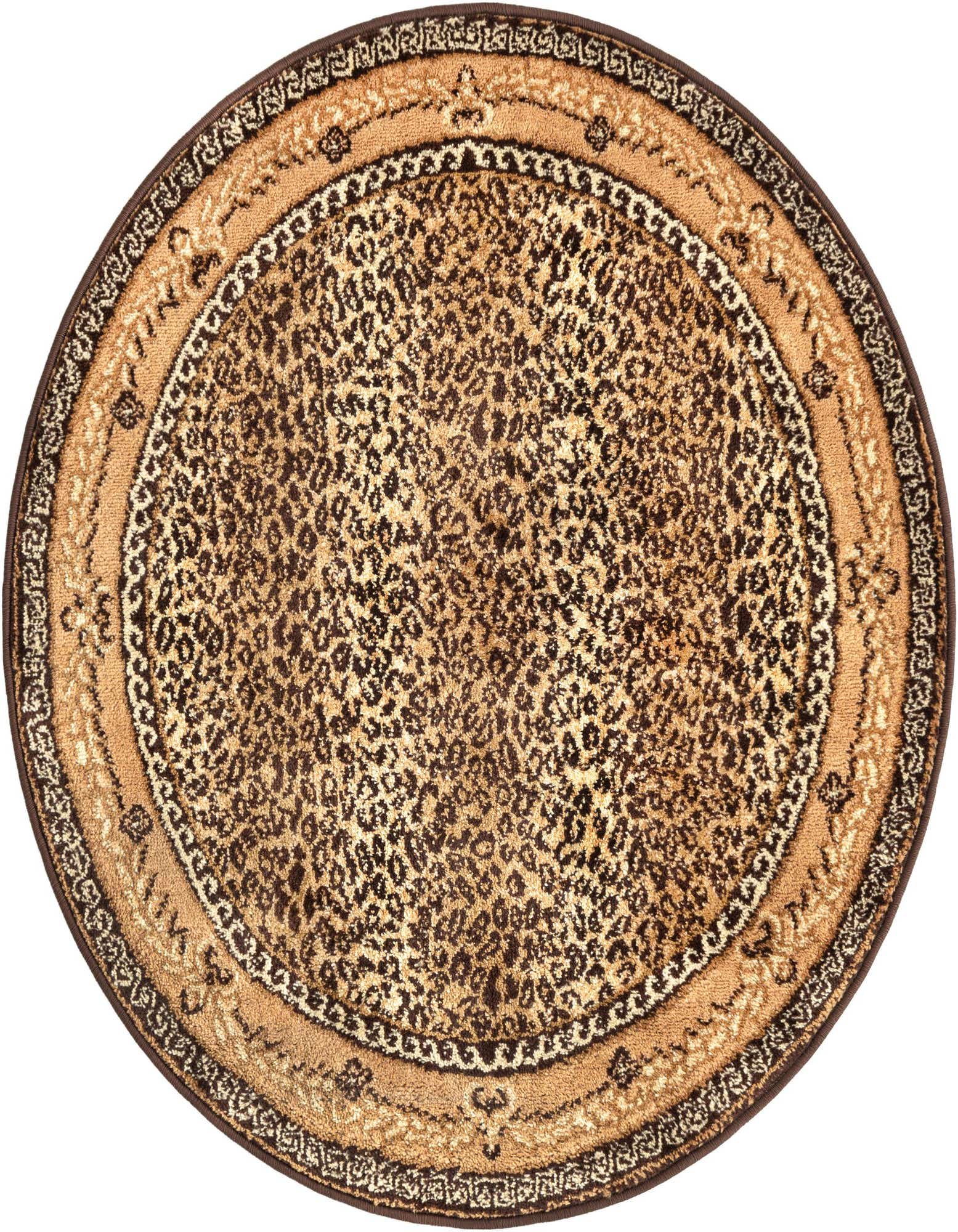A round 3'1" x 3'1" Savannah Collection rug featuring a modern leopard print in browns and tans with a decorative border.