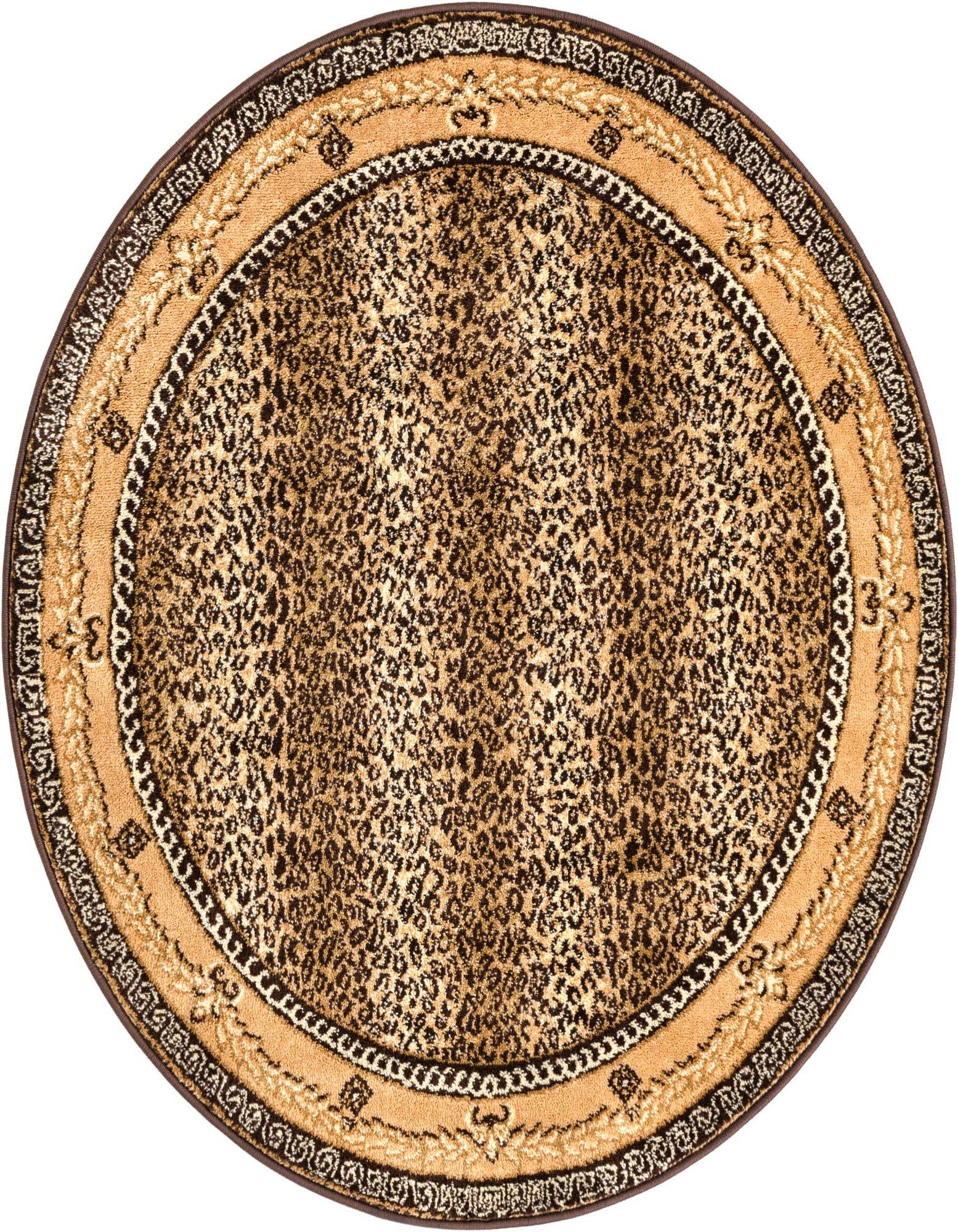 A 4' 0 x 4' 0 round brown and tan leopard print rug with a decorative border.