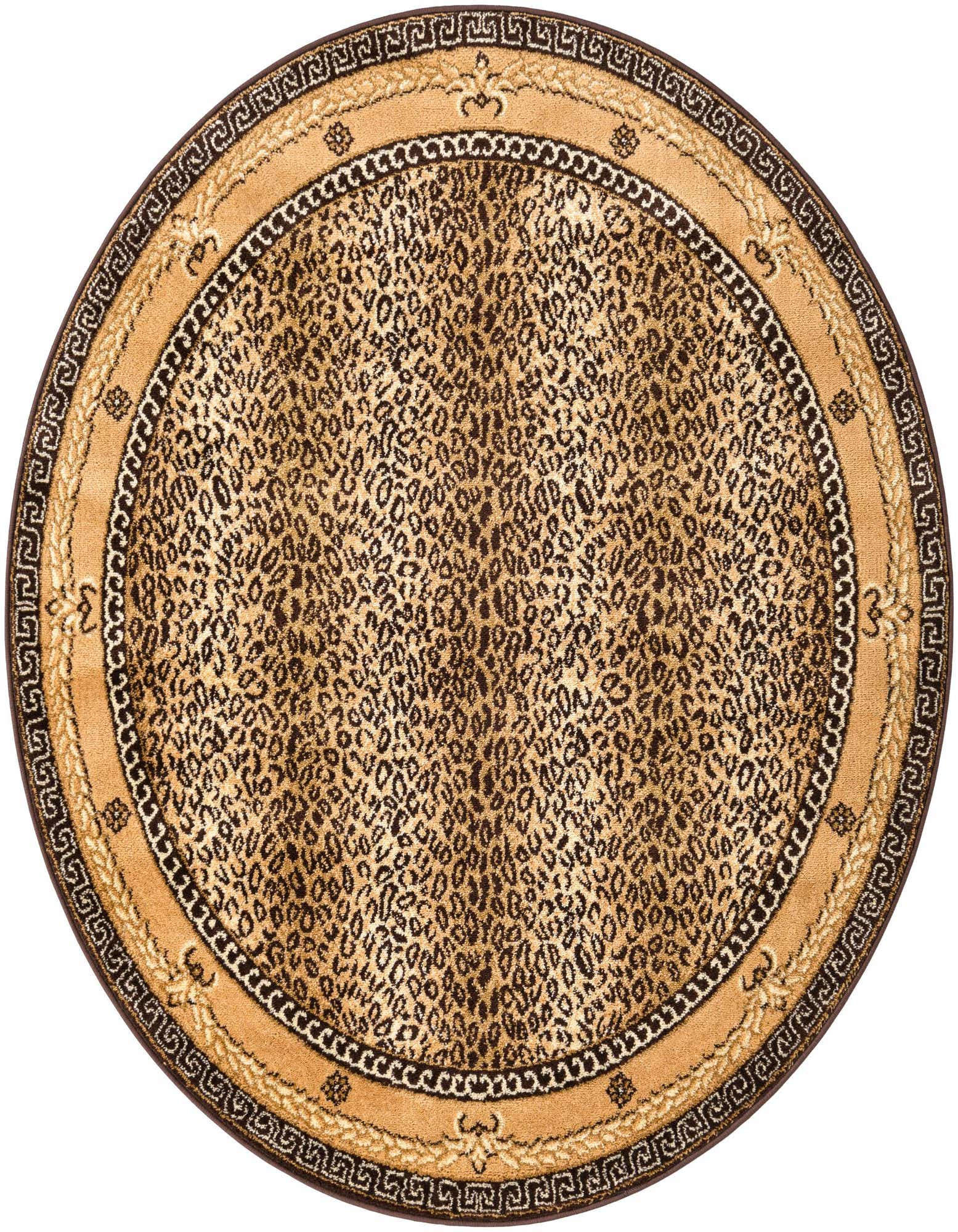 A round 5' 3 x 5' 3 Rugs.com Savannah rug featuring a modern brown and tan leopard print pattern with an ornate border.