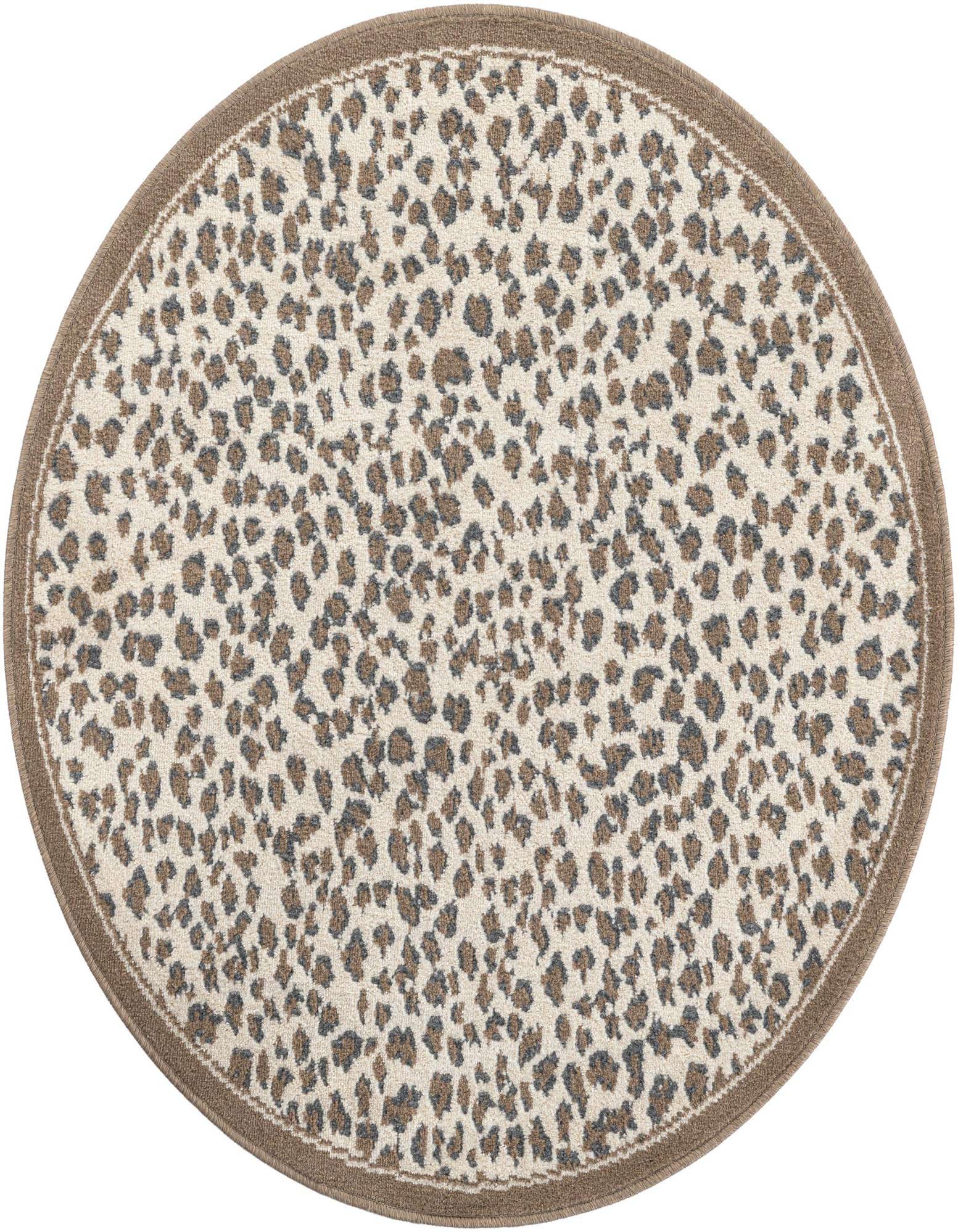 A 4' round brown and tan leopard print rug with a solid brown border, featuring a modern animal pattern.