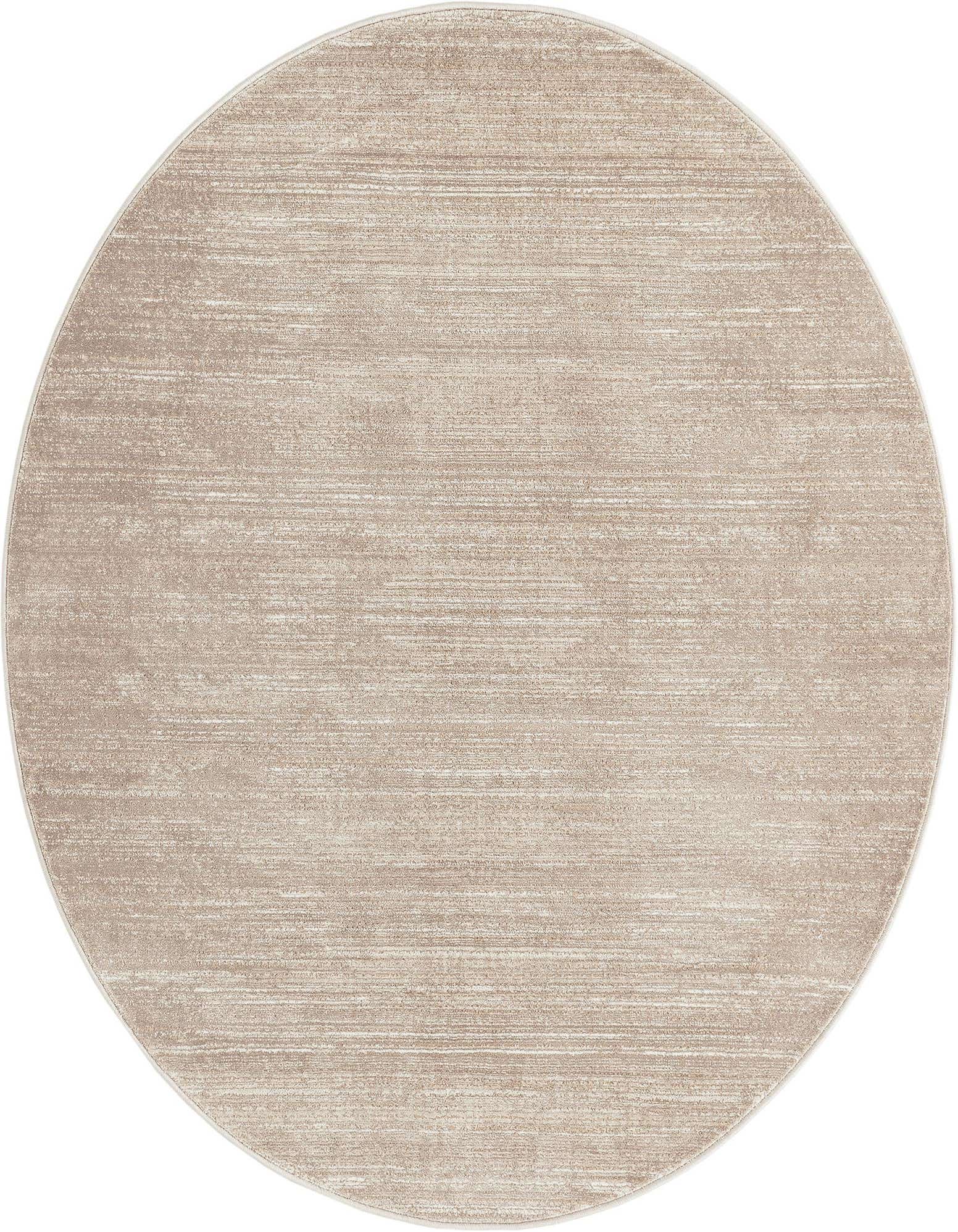 A 5' 3 round brown and tan transitional rug with a subtle textured pattern, suitable for indoor spaces.