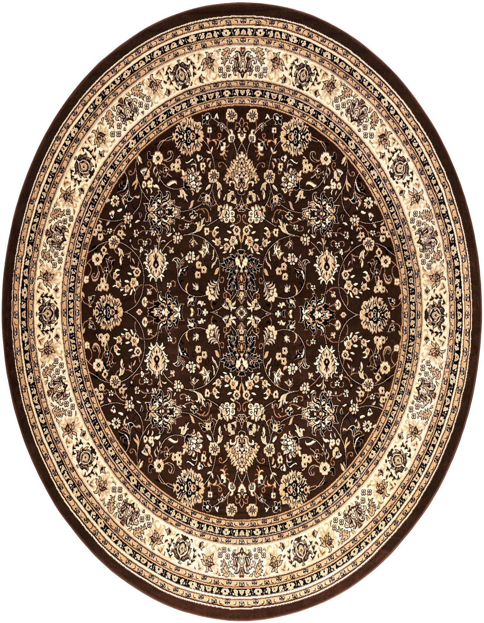 A 10' round brown Oriental rug with intricate tan and cream floral patterns and a detailed border.