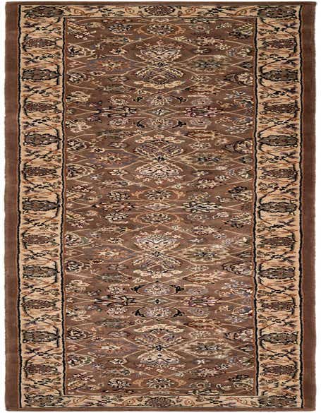 A 12 ft runner rug in traditional brown and tan, featuring an intricate floral and vine pattern, ideal for a hallway.