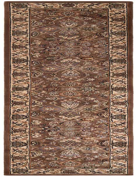 A 13 ft traditional runner rug in browns and tans, featuring intricate floral patterns and a decorative border, ideal for a hallway.