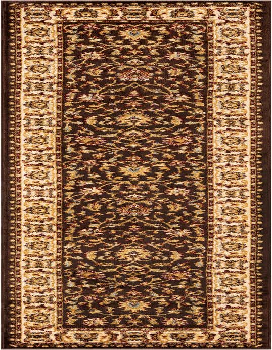 A 10 ft runner rug in a traditional Oriental floral pattern with a rich brown field and tan border, ideal for hallways.