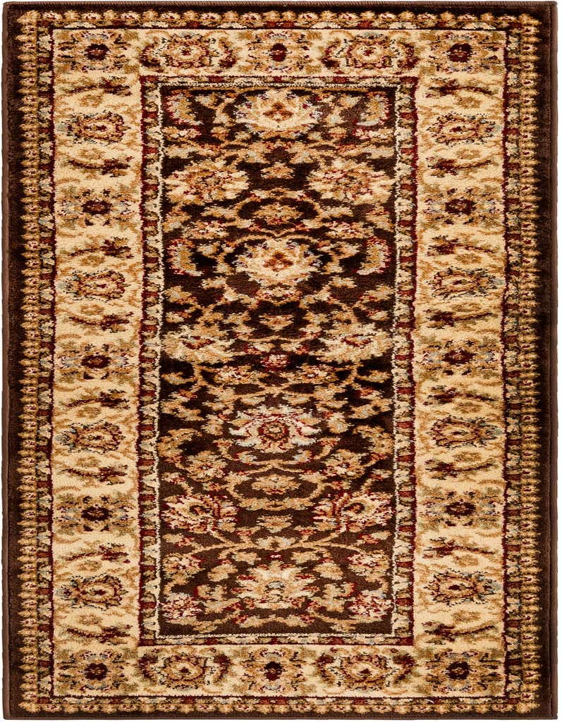 A 5 ft runner rug with a traditional Oriental floral pattern in shades of brown and tan, ideal for a hallway.