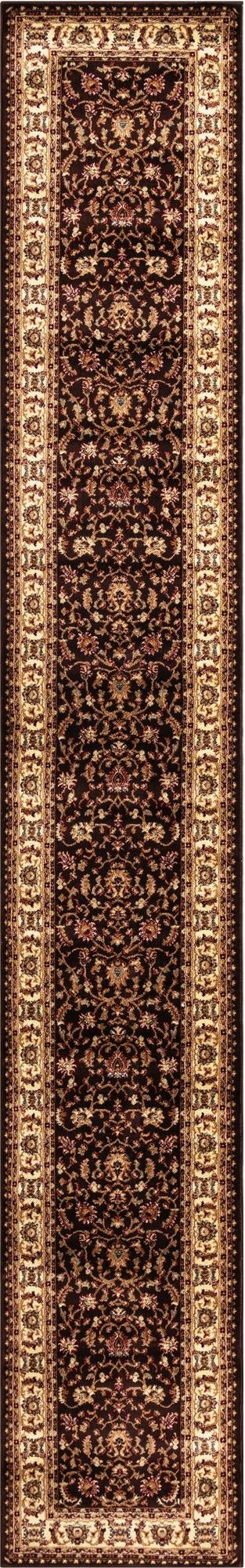 A long, traditional 20 ft runner rug in dark brown with an intricate tan and gold floral Oriental pattern, perfect for a hallway.
