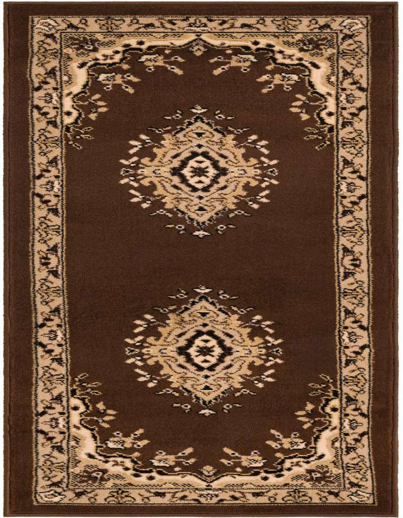 A 5 ft brown runner rug with a traditional tan and black medallion and border pattern, suitable for a hallway.