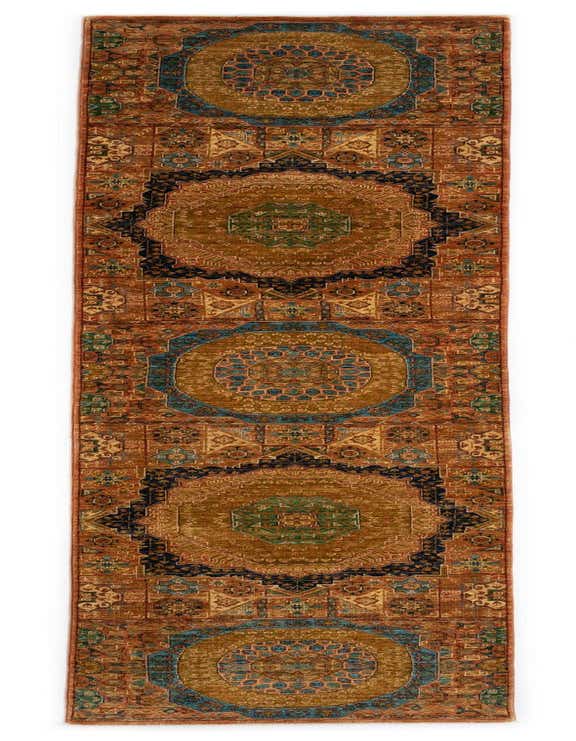 Amina 11 ft runner rug with a traditional Persian pattern in rich browns, tans, and blue accents, ideal for a hallway.