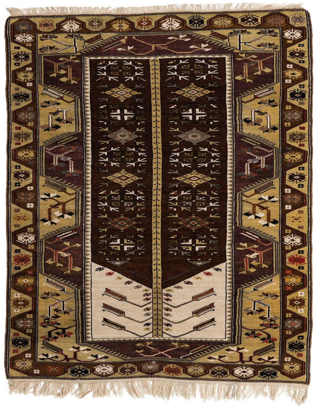 Anatolian 8 Ft Runner rug with traditional Oriental patterns in rich browns, tans, and hints of red, featuring a central medallion design and fringed ends.