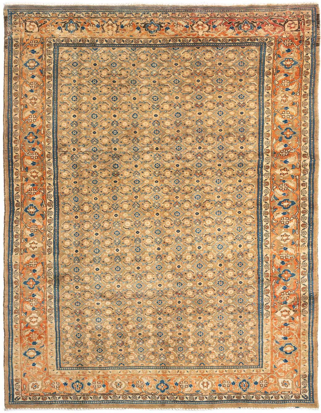 An 11 Ft Arak Persian runner rug in browns and tans with intricate blue and orange floral patterns, ideal for a hallway.
