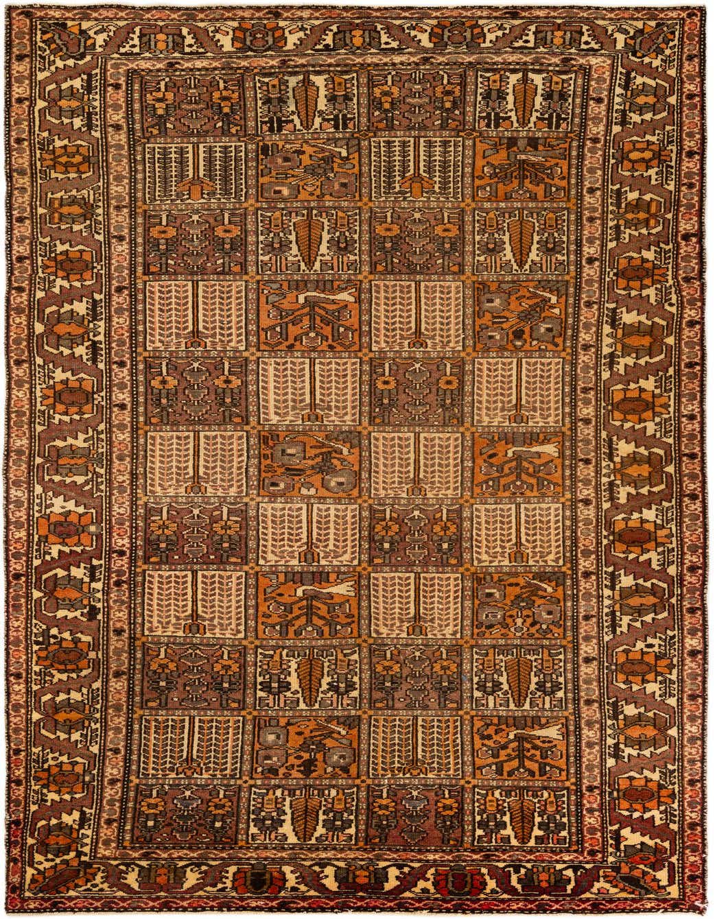 A 10 ft runner rug with a traditional Persian Bakhtiar pattern in shades of brown, tan, and orange, ideal for a hallway.
