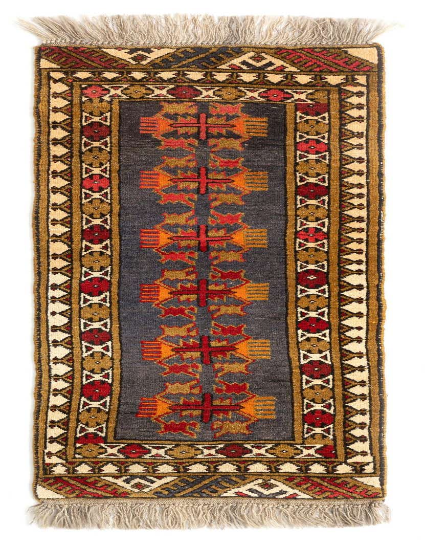 A 4 ft Balouch runner rug with a dark gray field, red and orange tribal motifs, and a tan and brown border, perfect for a hallway.