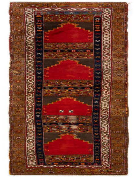 A long, narrow Bergama Persian runner rug, 15 ft, featuring a rich brown and tan border with intricate patterns, framing a central panel of deep red and dark brown with geometric motifs, ideal for hallways.