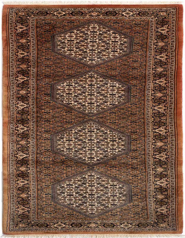 A 9 ft runner rug in browns and tans with a traditional Persian pattern, featuring intricate medallions and a detailed border, ideal for a hallway.