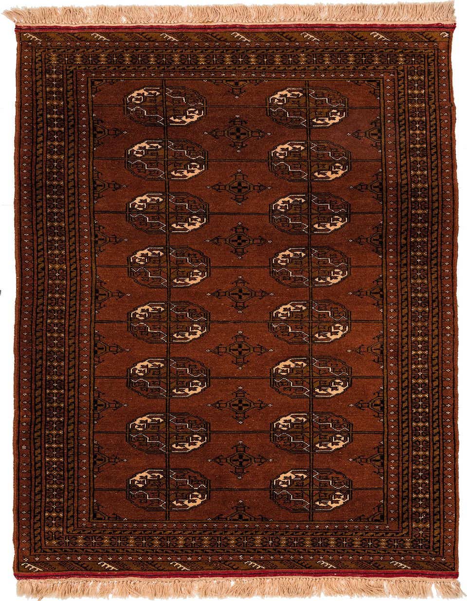 A 7 ft runner rug in shades of brown and tan, featuring a tribal Oriental pattern with geometric medallions and a thin pile, ideal for a hallway.