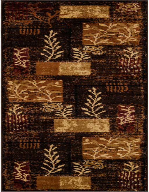 A brown 8 ft runner rug with a floral pattern featuring tan, beige, and reddish-brown leaves and abstract blocks, ideal for a hallway or kitchen.