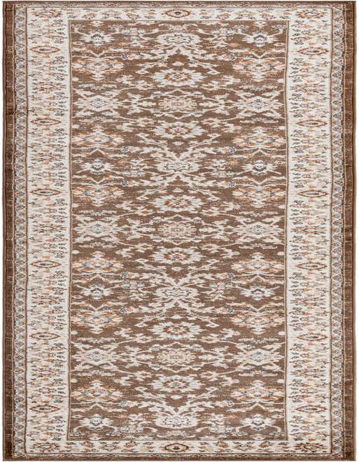 A 13 ft runner rug in shades of brown and tan with a traditional oriental floral pattern, ideal for a hallway.