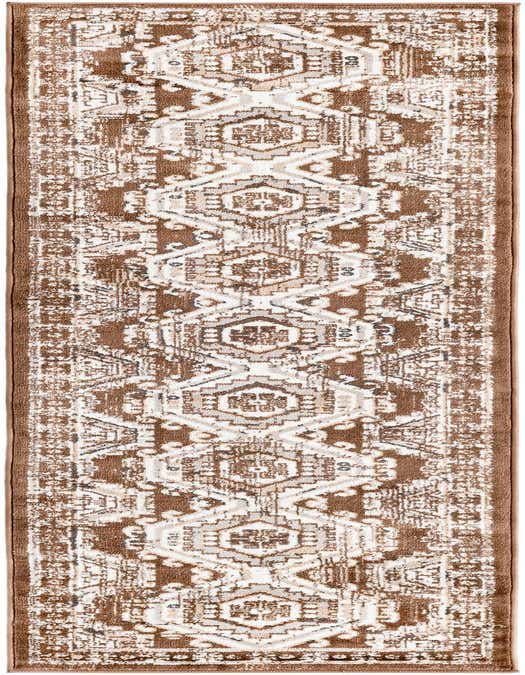 A long 8 ft runner rug in shades of brown and tan with a traditional tribal pattern, ideal for a hallway or kitchen.
