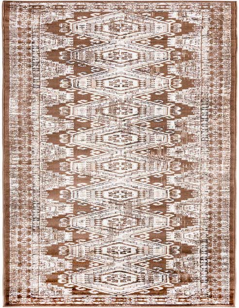 A 13 ft runner rug in shades of brown and tan with a distressed traditional tribal pattern, ideal for a hallway.