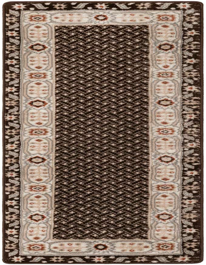A 6 ft runner rug with a dark brown modern geometric pattern center and a tan, grey, and rust ornate border.
