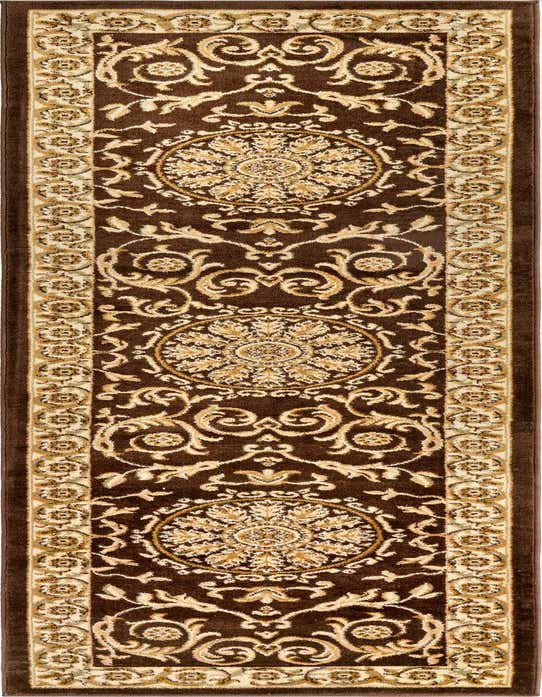 A 10 ft runner rug in rich brown with intricate tan and gold traditional botanical patterns, perfect for a hallway.