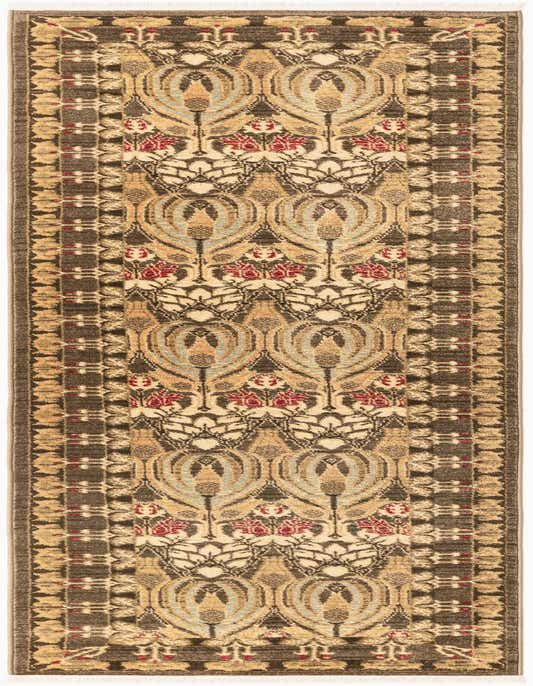 A 10 ft runner rug in browns and tans with a detailed bohemian floral pattern, ideal for a hallway.