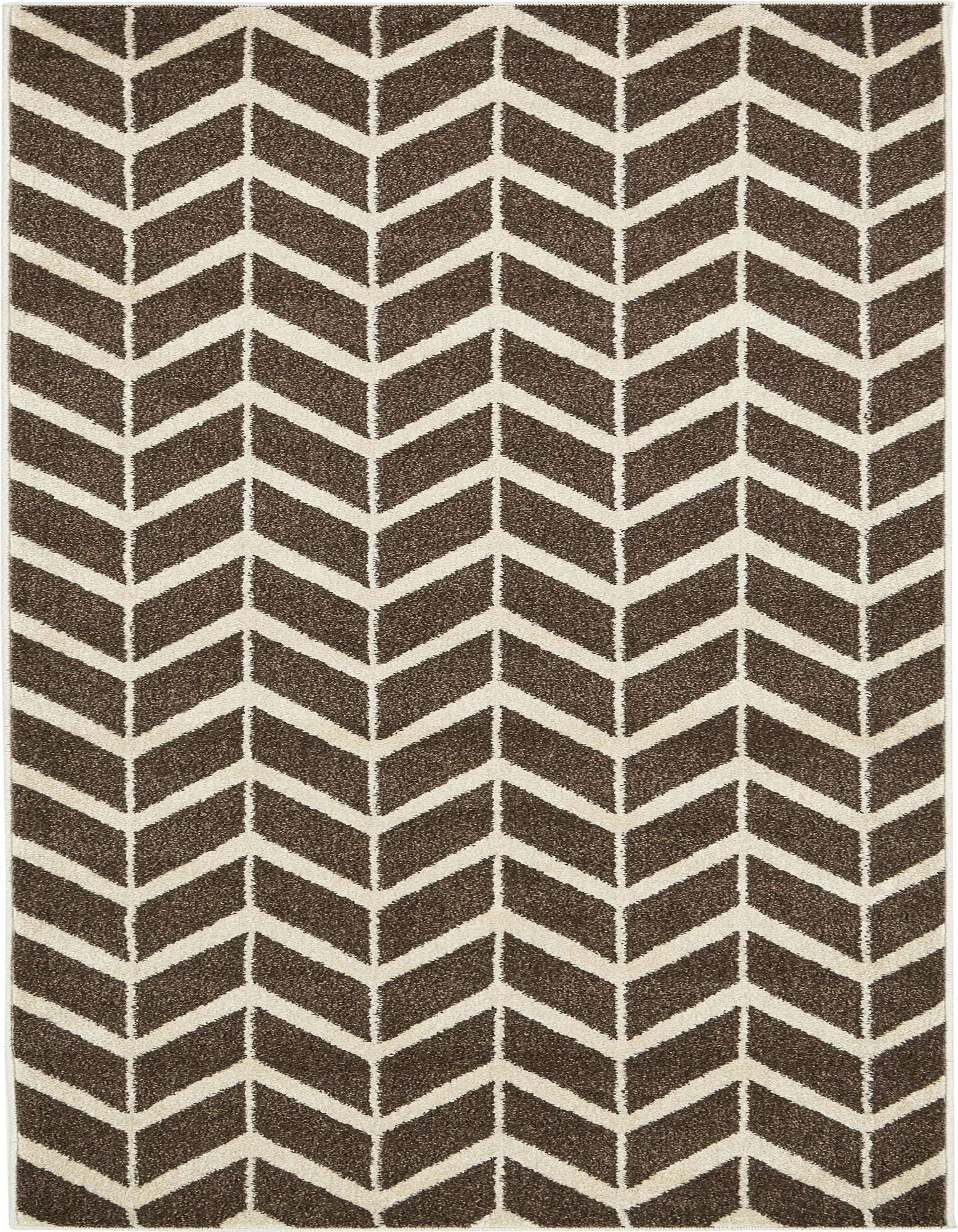 A brown and tan 8 ft runner rug with a modern chevron stripe pattern, ideal for a hallway or kitchen.