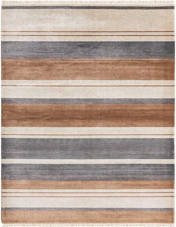 A 10 ft runner rug featuring wide horizontal stripes in varying shades of brown, tan, and gray, with fringed ends.