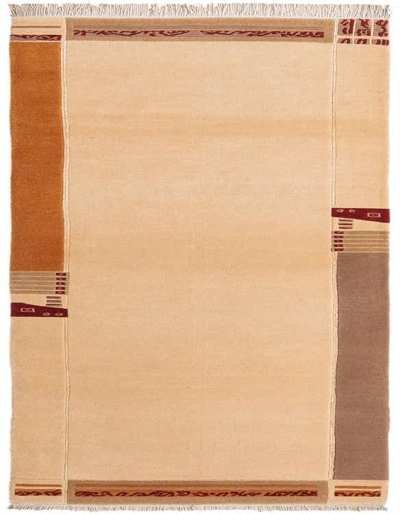 A 10 ft Darya runner rug in shades of brown and tan, featuring a modern Persian design with geometric accents and fringe.