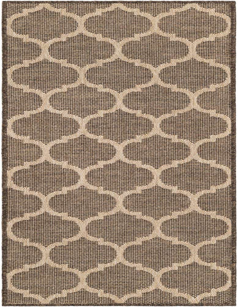 A 5 ft runner rug with a modern trellis pattern in varying shades of brown and tan, featuring a flatweave texture.