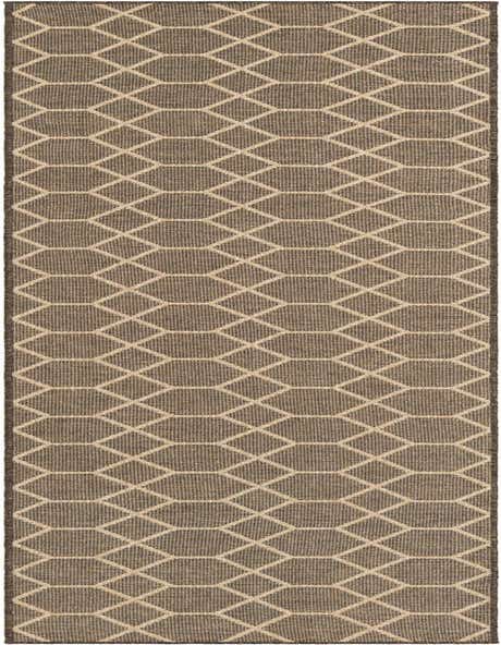A 12 ft runner rug from the Dunes collection, featuring a modern tan trellis pattern over a brown flatweave background.
