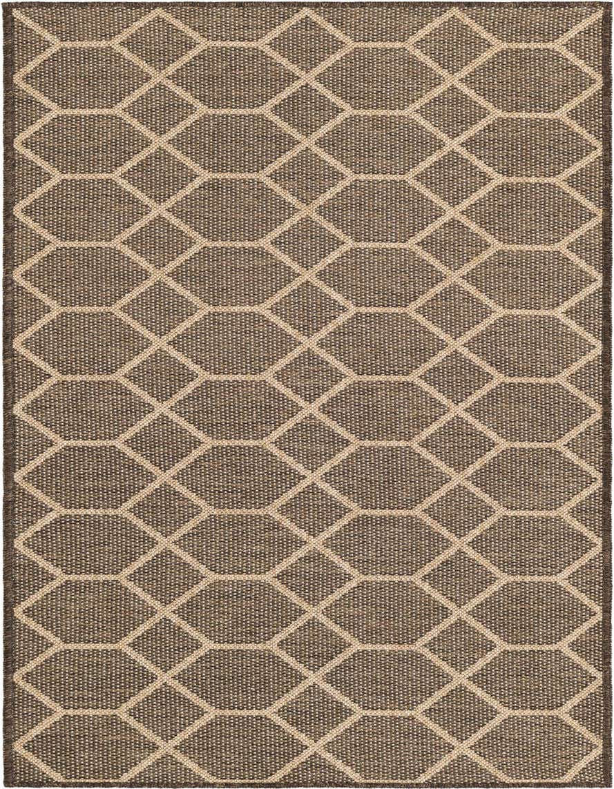 A 6 ft runner rug featuring a modern trellis pattern in varying shades of brown and tan, perfect for a hallway.