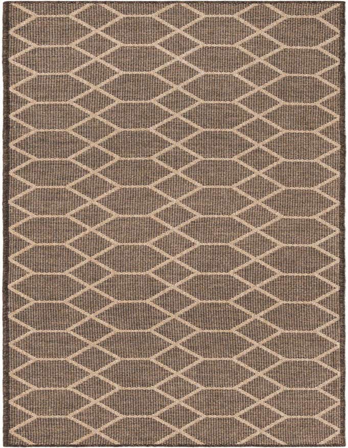 A brown 8 ft runner rug with a modern tan trellis pattern, ideal for a hallway or kitchen.