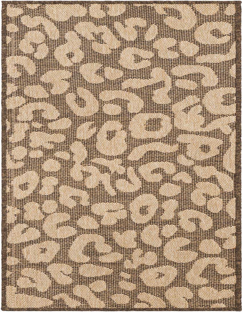 A 5 ft runner rug with a modern abstract pattern in varying shades of brown and tan, featuring a flatweave texture.