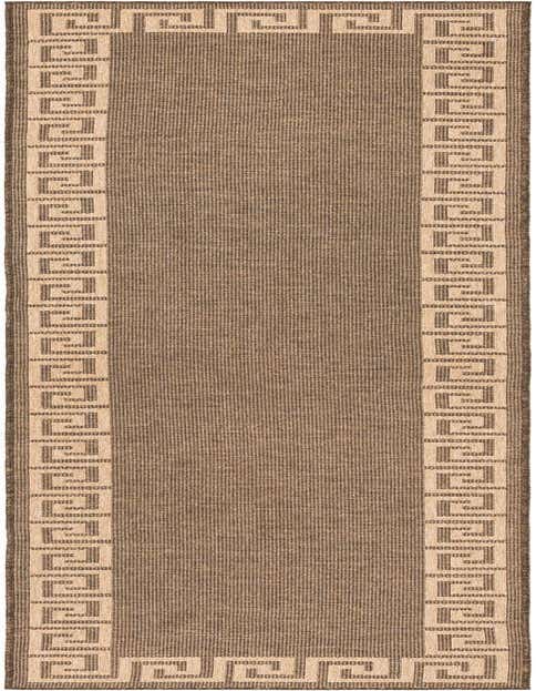 A 12 ft brown runner rug with a light tan Greek key border, suitable for a hallway.