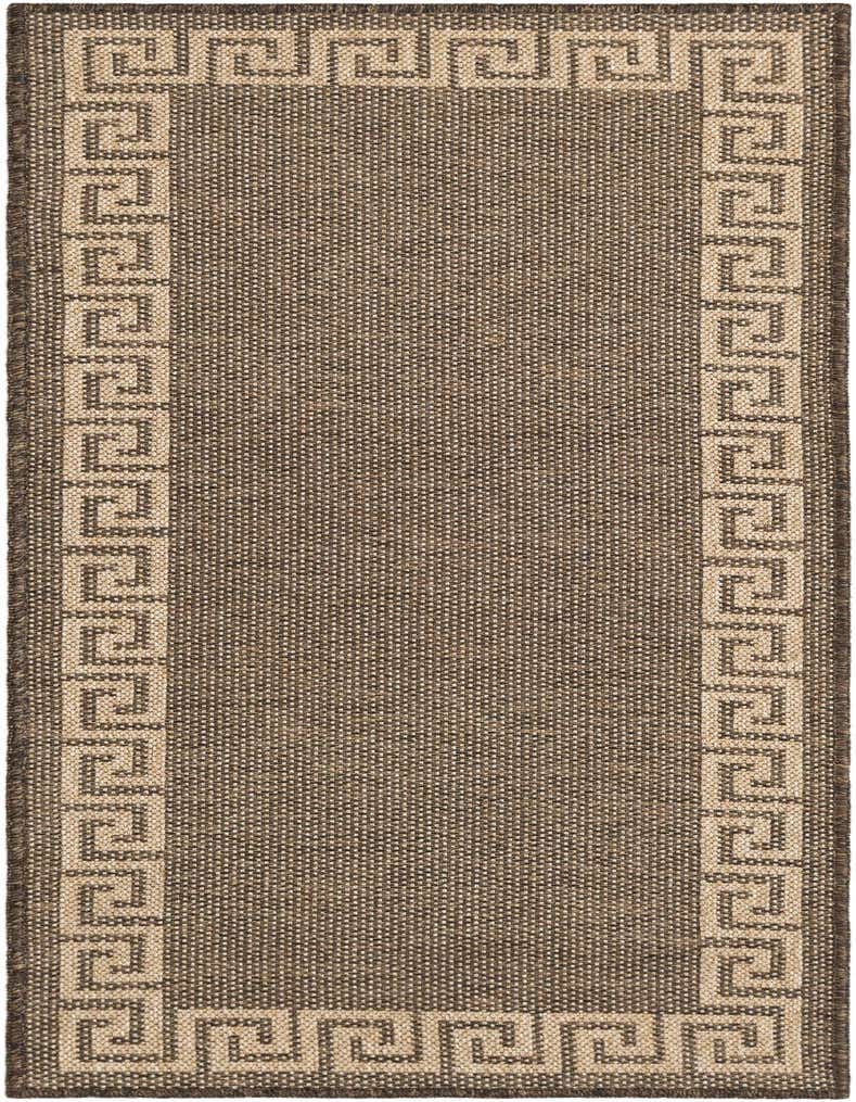A 5 ft runner rug from the Rugs.com Dunes collection, featuring a brown flatweave with a tan Greek key border.