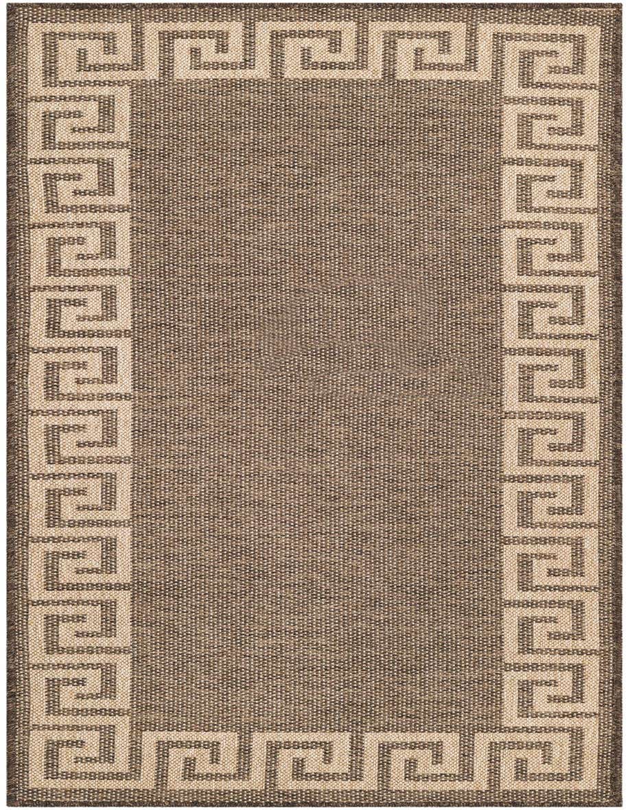 A 6 ft runner rug with a brown flatweave center and a light tan Greek key border pattern.