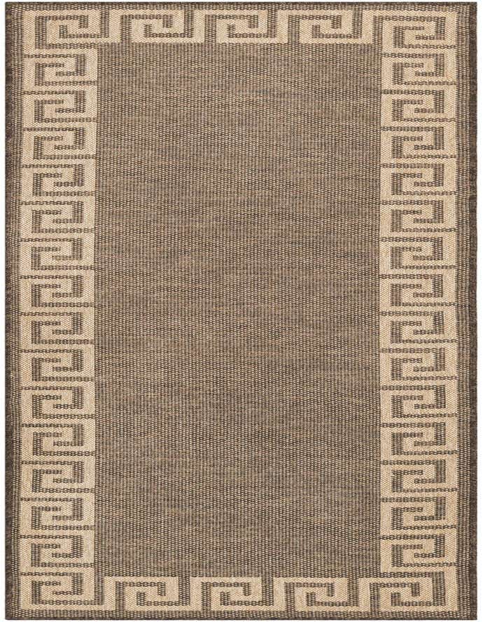 A brown 8 ft runner rug with a light tan Greek key border pattern, ideal for a hallway or kitchen.